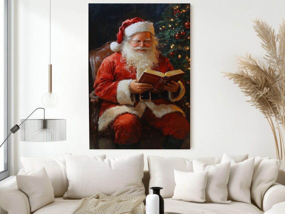 Vintage Santa Claus Reading Book by Cozy Christmas Tree Poster - Image 2