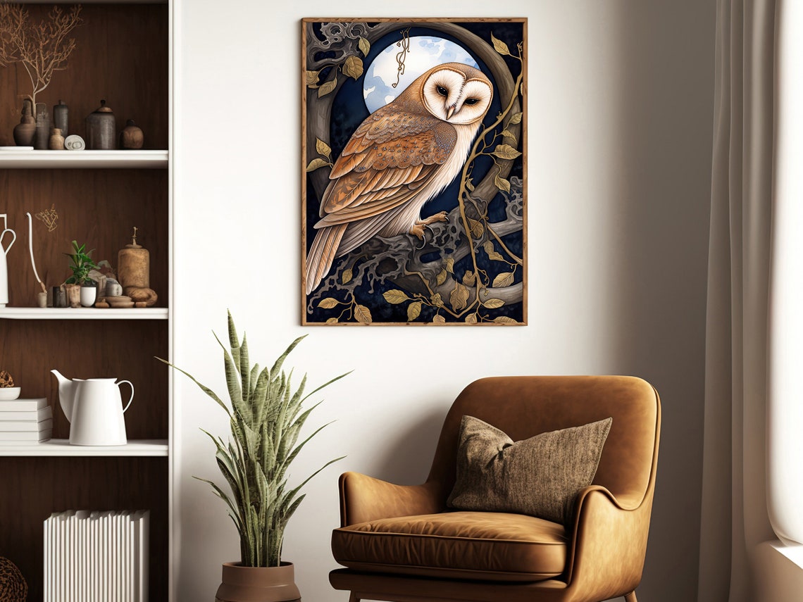 Barn Owl Under Full Moon Golden Branch Vintage Gothic Art Poster - Image 3