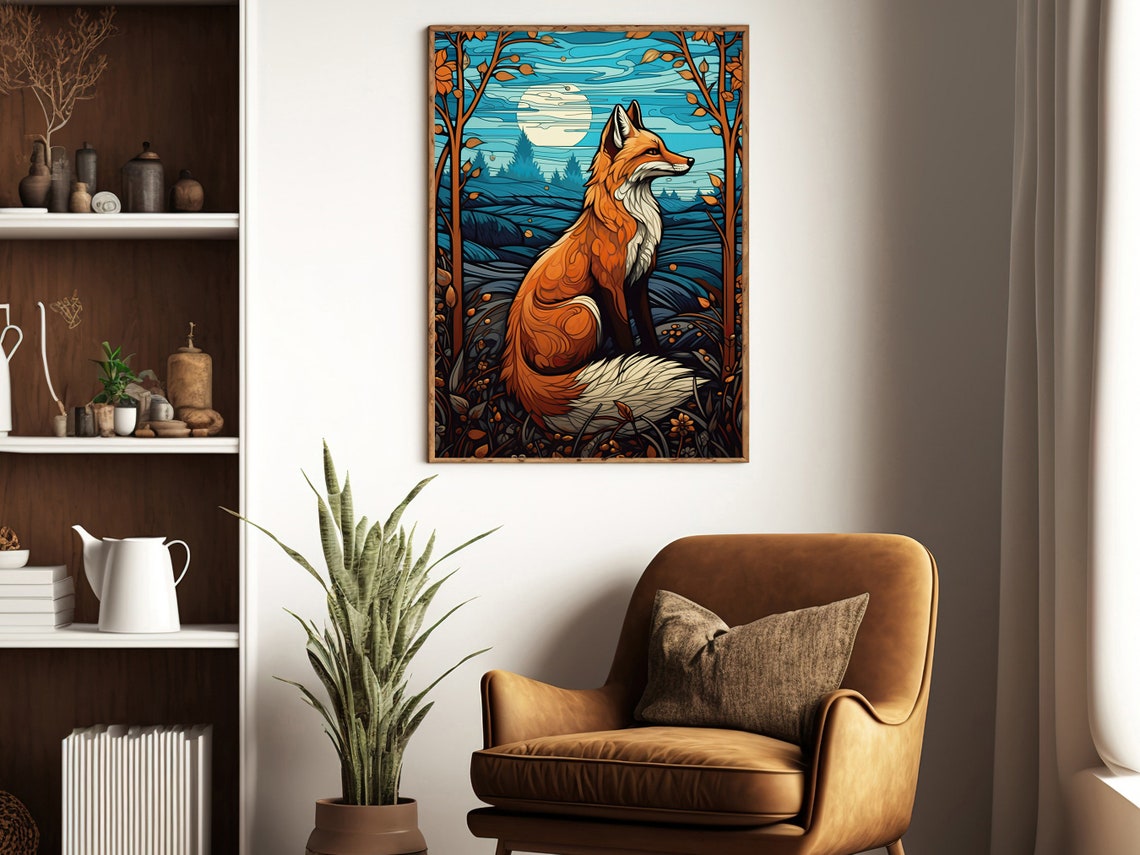Red Fox Under Night Moon Stained Glass Style Autumn Forest Art Poster - Image 2