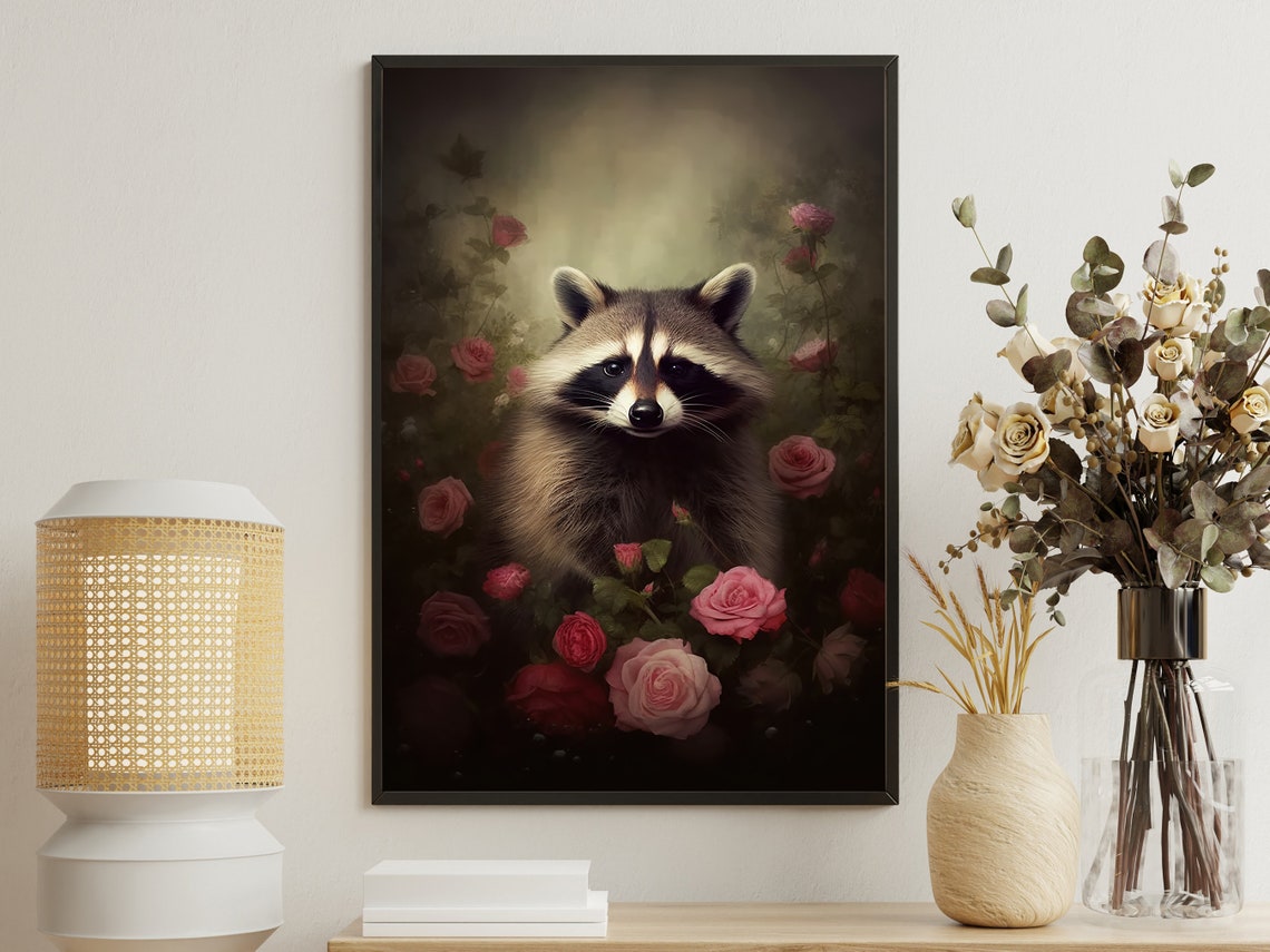 Raccoon Portrait Among Red Roses Dark Floral Animal Art Print