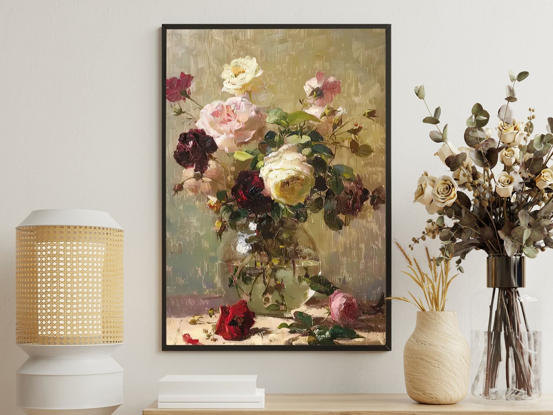 Cottage Roses Vase Painting Vintage Flowers Art Print Flowers Print Esthetic Flowers Poster Flowers Wall Art