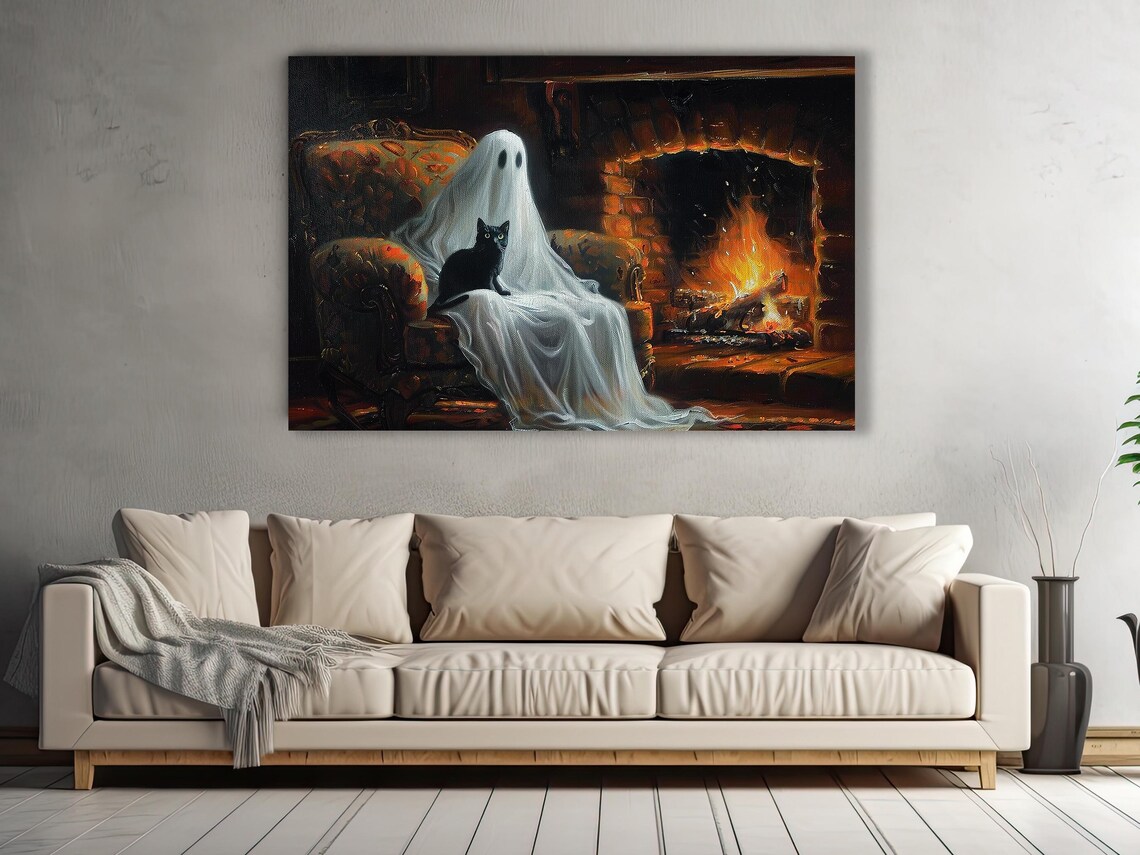 Ghost Relaxing in Armchair by Fireplace with Black Cat Cozy Halloween Poster - Image 3