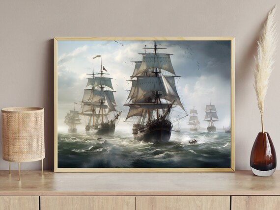 Tall Masted Sailing Ships Stormy Sea Dramatic Vintage Nautical Adventure Print