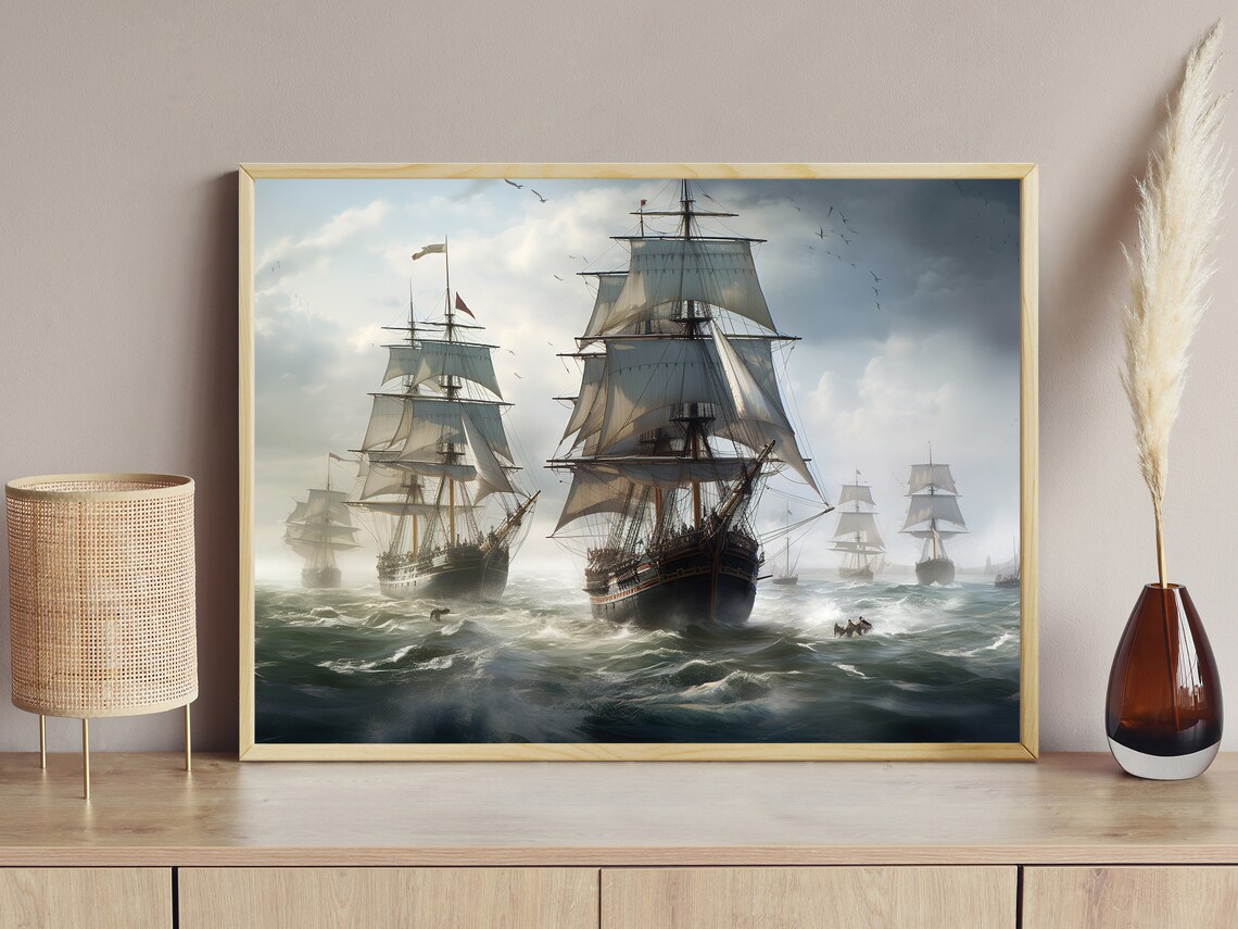 Tall Masted Sailing Ships Stormy Sea Dramatic Vintage Nautical Adventure Print