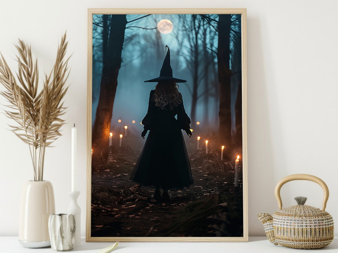 Witch Walking Candlelit Forest Path Under Moon Dark Magic Poster - Image 4