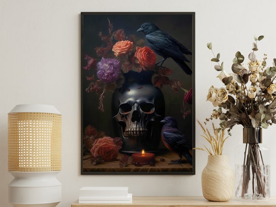 Dark Floral Skull Painting Skull Art Print Skull Print Gothic Art Print Dark Academia Art Crow Poster Print Skull Wall Decor