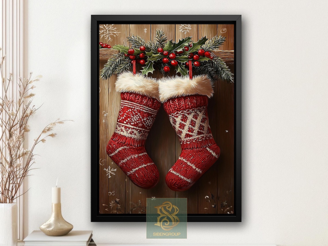 Red Knit Christmas Stockings With Fur Cuffs on Wood Wall Art Print