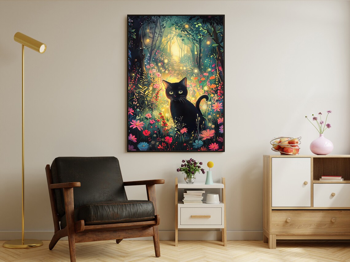 Black Cat In Enchanted Flower Forest Glowing Lights Magical Night Art Poster - Image 4