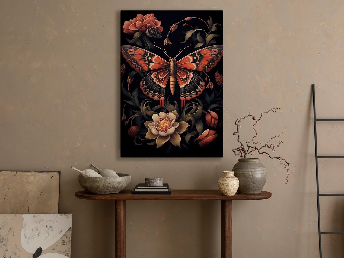 Dramatic Red Moth Butterfly Dark Floral Gothic Botanical Vintage Art Poster - Image 4