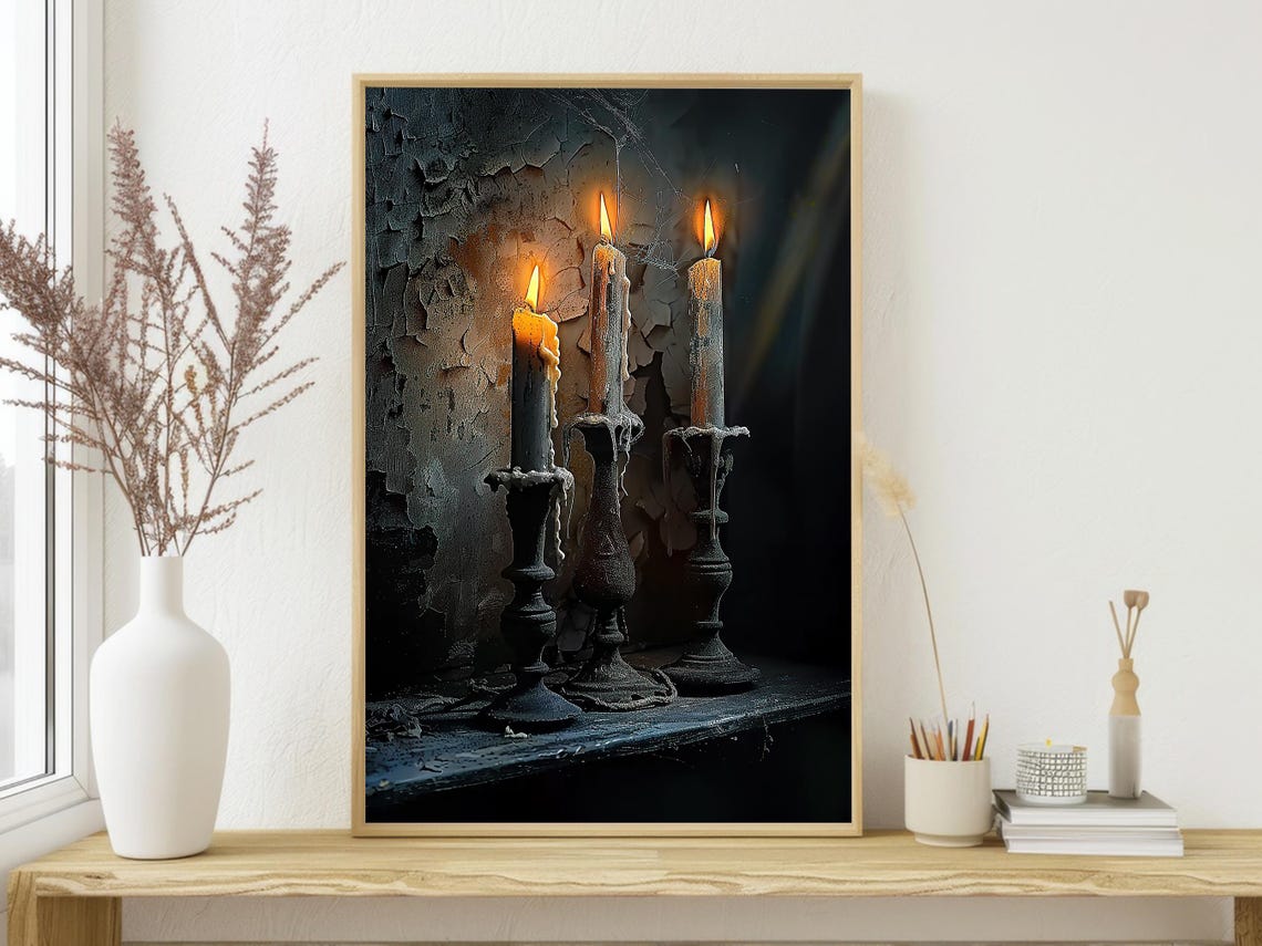 Three Burning Black Candles Dripping Wax Gothic Still Life Art Poster - Image 3