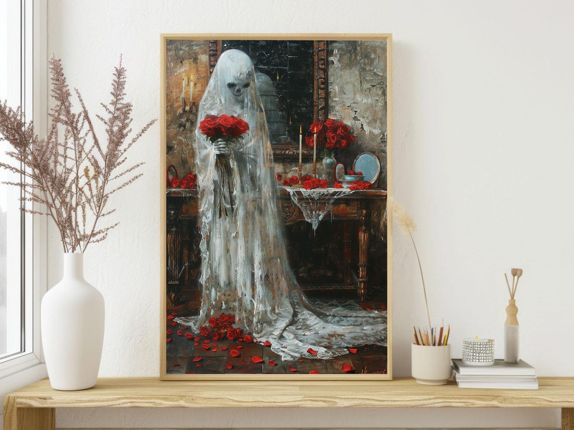 Ghost Bride Skeleton Holding Red Roses Gothic Vanity Candlelit Poster - Image 3