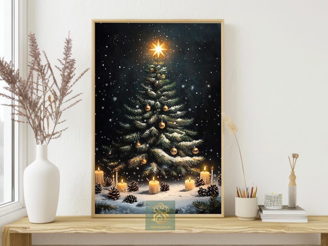 Snowy Christmas Tree at Night With Glowing Star and Candles Poster - Image 3