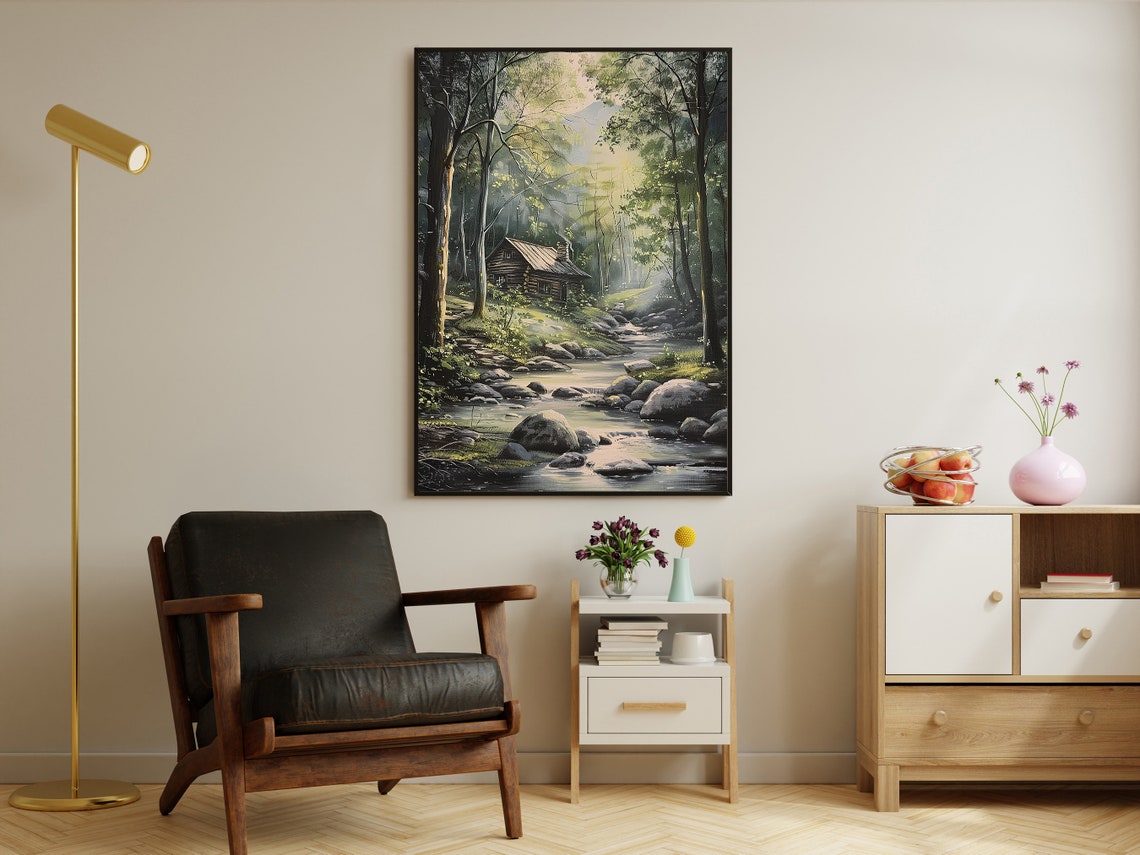 Rustic Log Cabin By Rocky Stream In Sunlit Forest Art Landscape Poster - Image 3