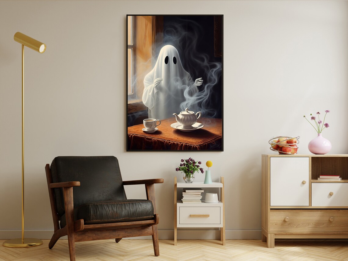 Cute Ghost Enjoying Steaming Tea Break Cozy Spooky Vintage Halloween Wall Art - Image 4