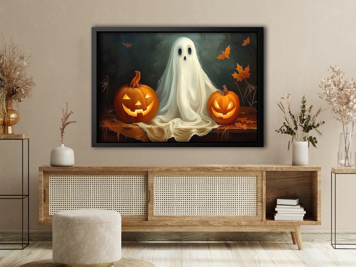 Cute Ghost with Glowing Jack-O-Lanterns Night Painting Halloween Poster - Image 4
