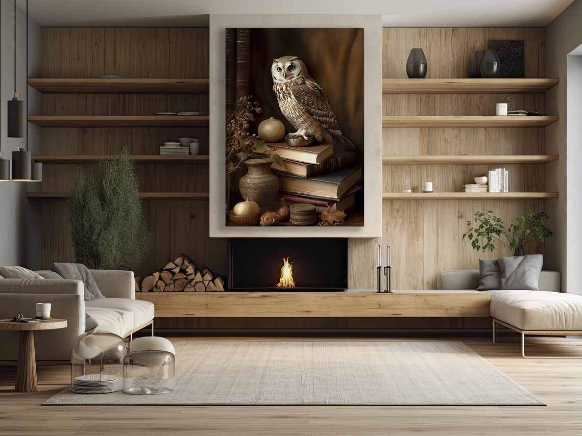 Wise Owl Perched On Vintage Book Stack Dark Academia Library Scholar Wall Art - Image 3