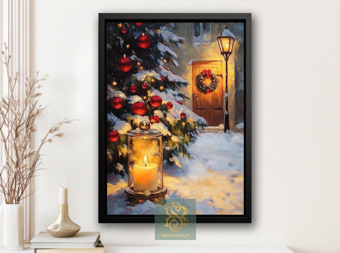 Snowy Christmas Lantern Glow by Tree With Red Ornaments Night Poster