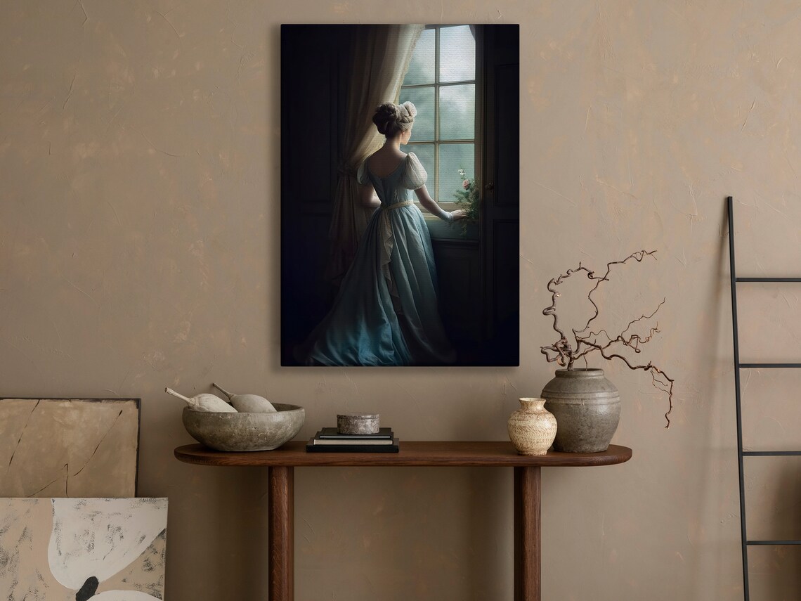 Victorian Lady Blue Gown Standing at Window Moody Classic Art Poster - Image 4