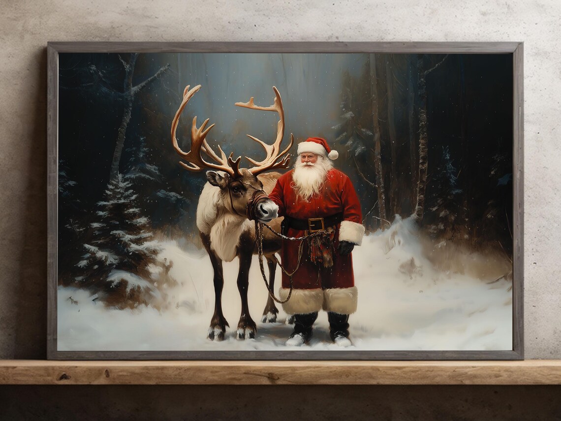 Vintage Santa And Reindeer Christmas Art Print