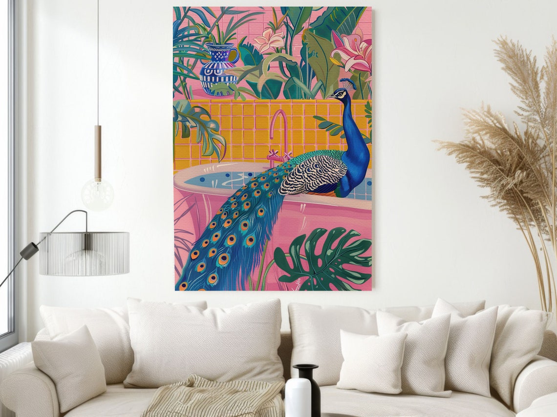 Colorful Peacock Pink Bathroom Tropical Art Quirky Maximalist Wall Art - Image 2