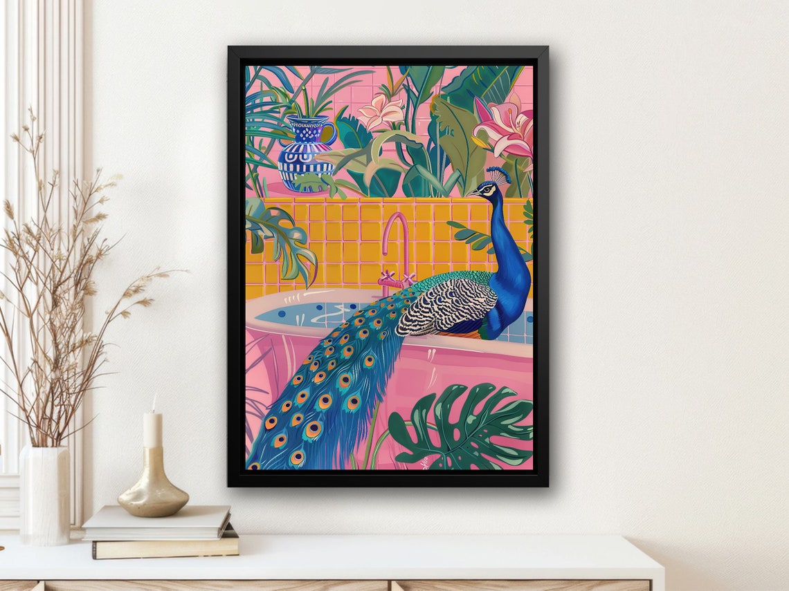Colorful Peacock Pink Bathroom Tropical Art Quirky Maximalist Wall Art - Image 4