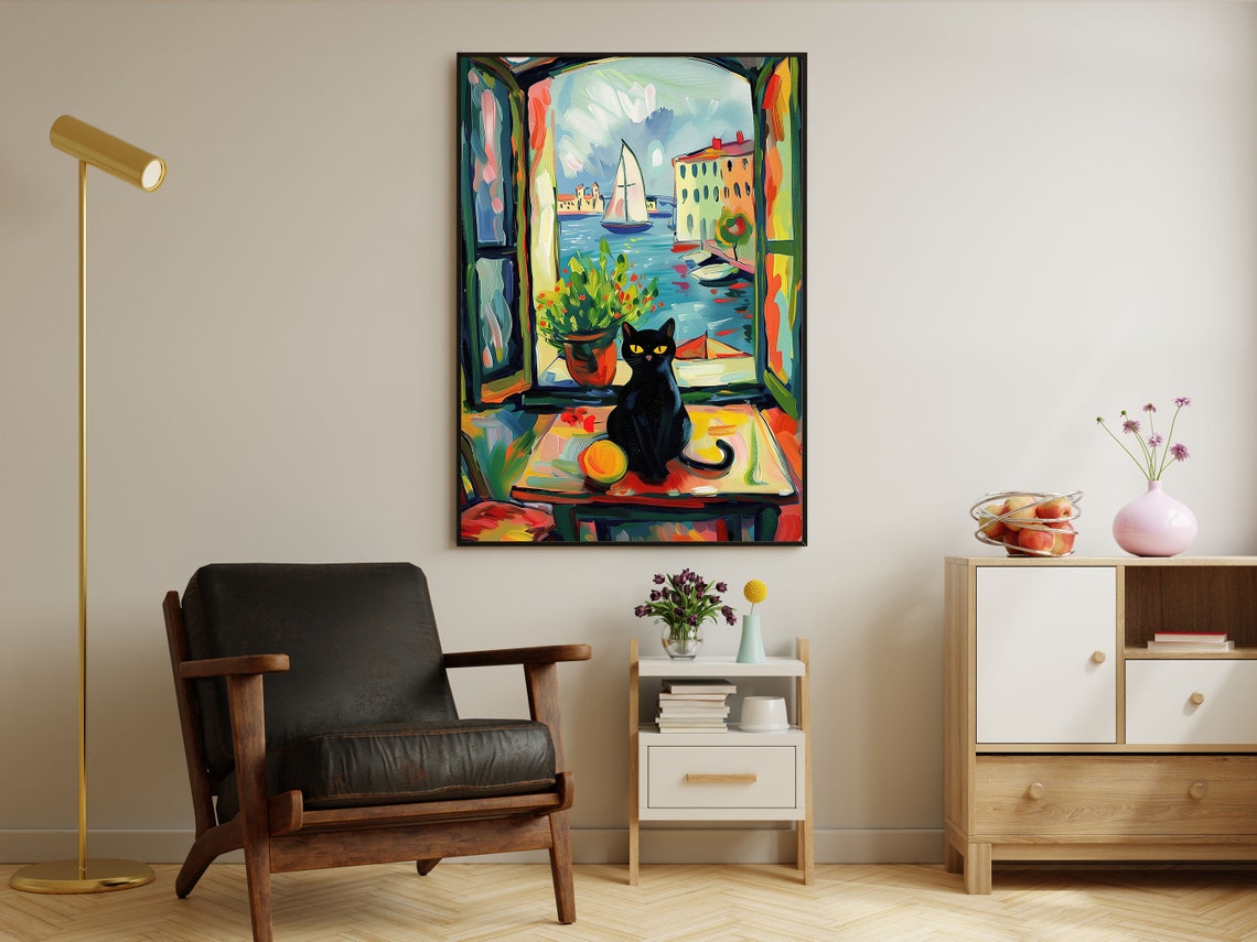 Black Cat On Windowsill Overlooking Harbor Sailboats Matisse Poster - Image 3