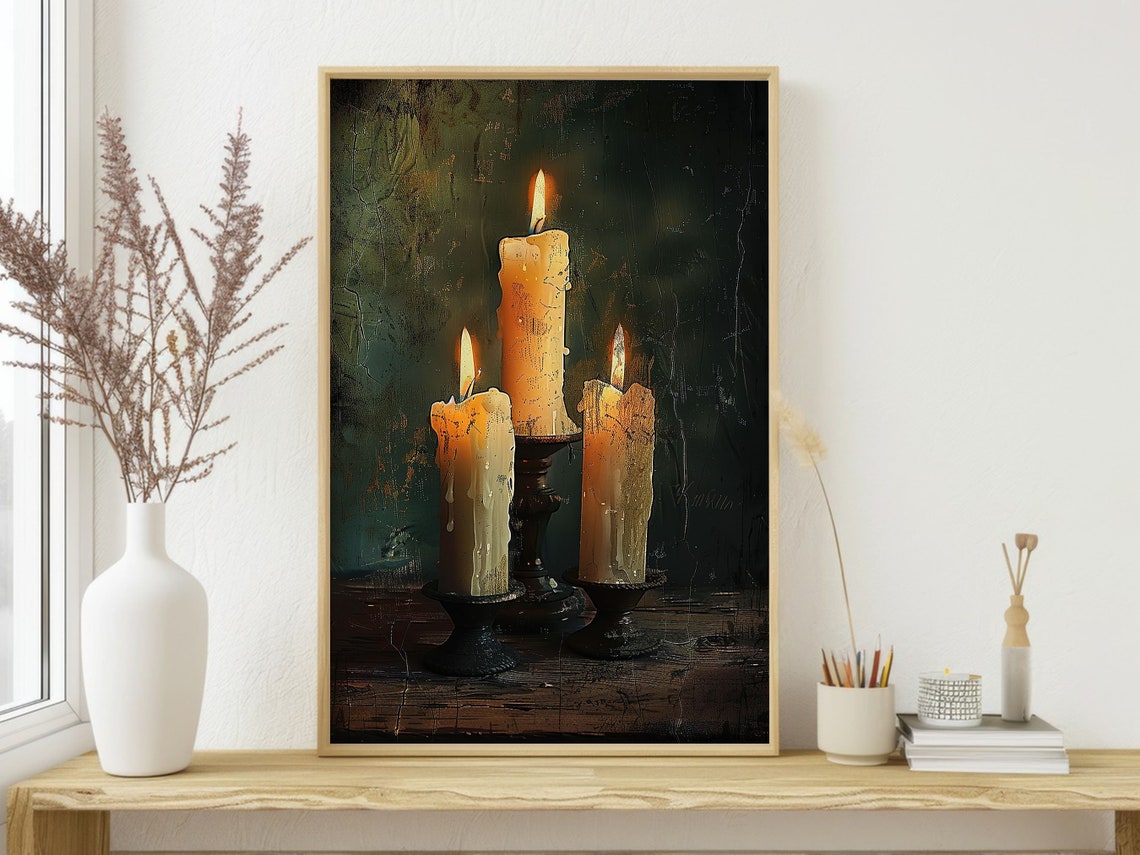 Three Lit Candles Dark Moody Still Life Gothic Candlelight Poster - Image 3