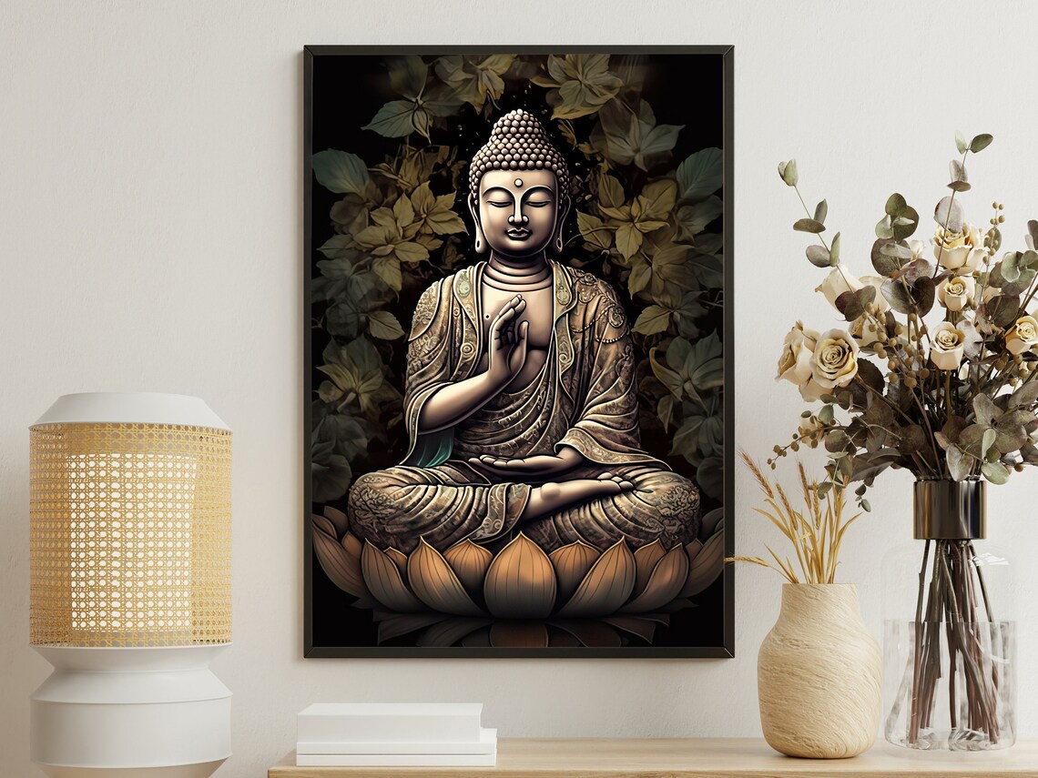 Vintage Buddha Blessing Art Print, Dark Buddha Decor