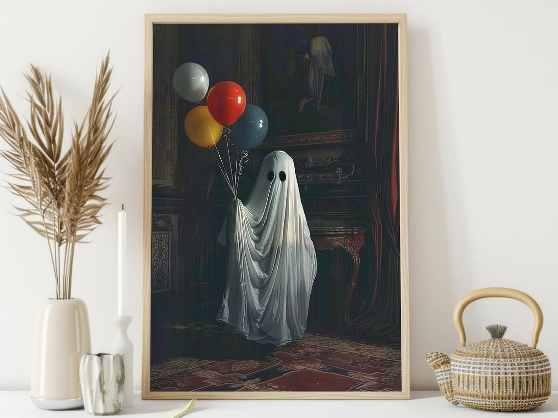 Cute Sheet Ghost Holding Colorful Balloons Dark Parlor Art Poster - Image 3
