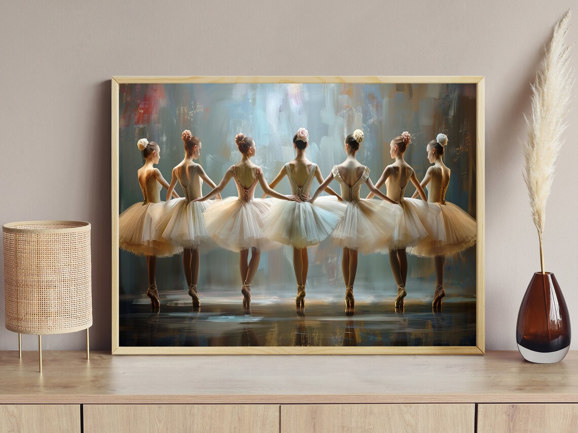 Seven Ballerinas in White Tutus from Behind Impressionistic Ballet Stage Poster