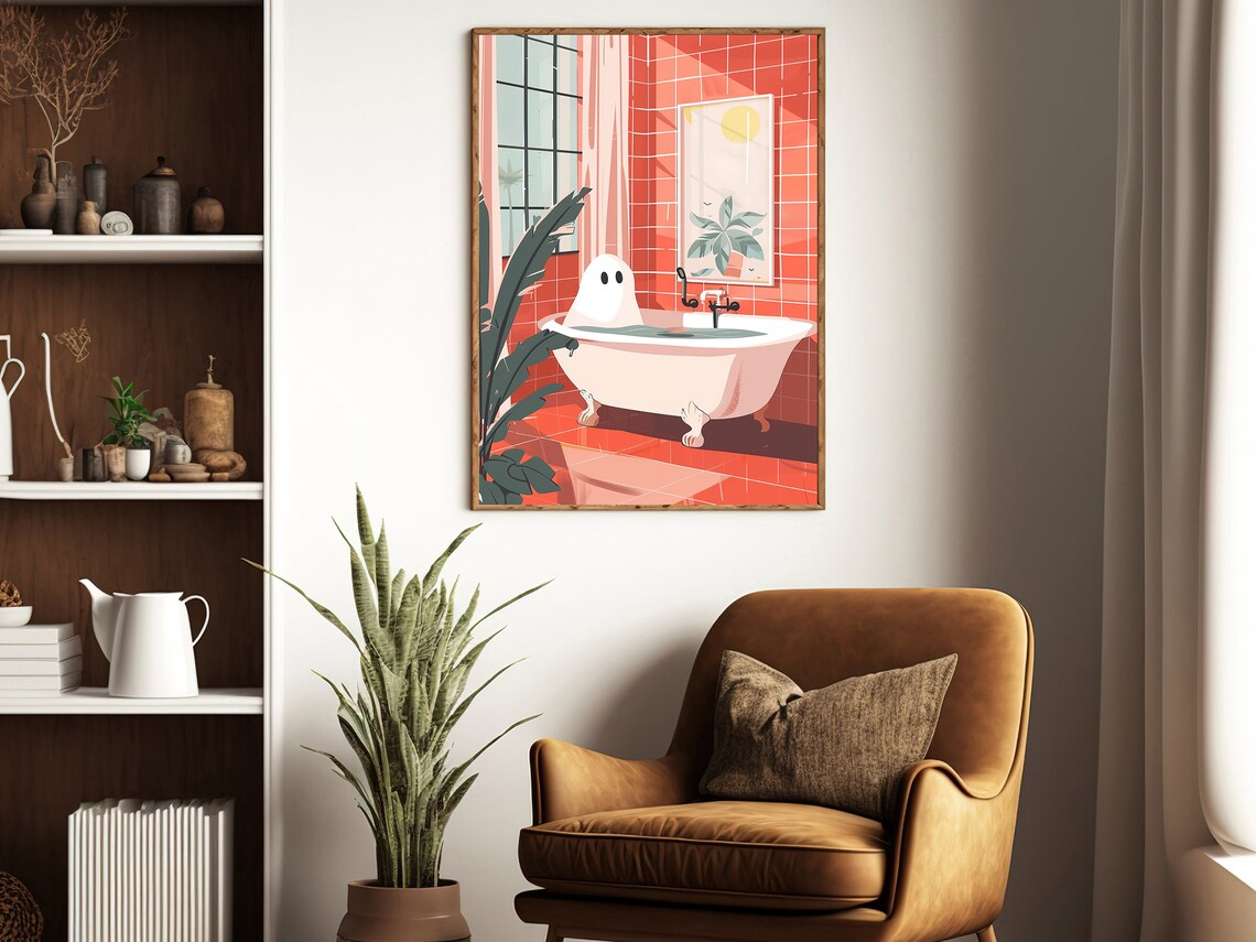 Vintage Ghost In Bath, Cute Halloween Poster Print - Image 4