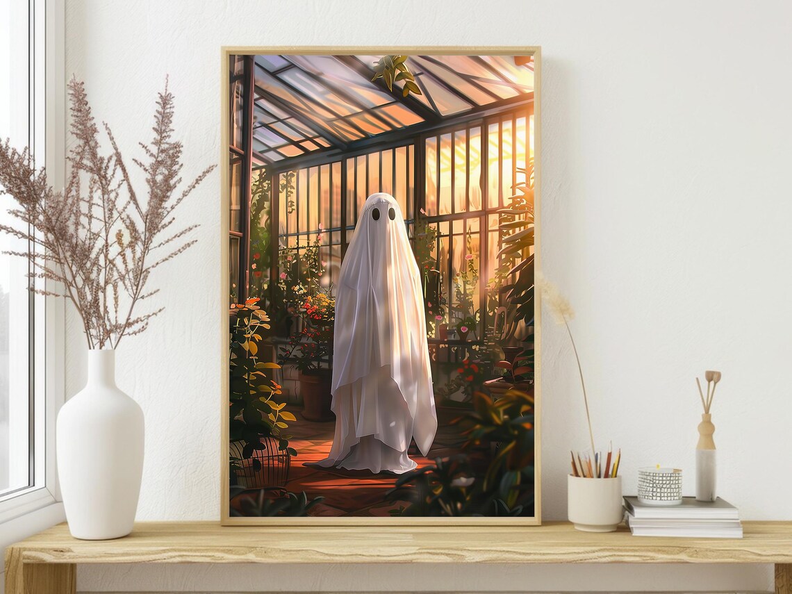 Ghost in Sunlit Greenhouse Among Lush Plants Warm Botanical Halloween Poster - Image 4