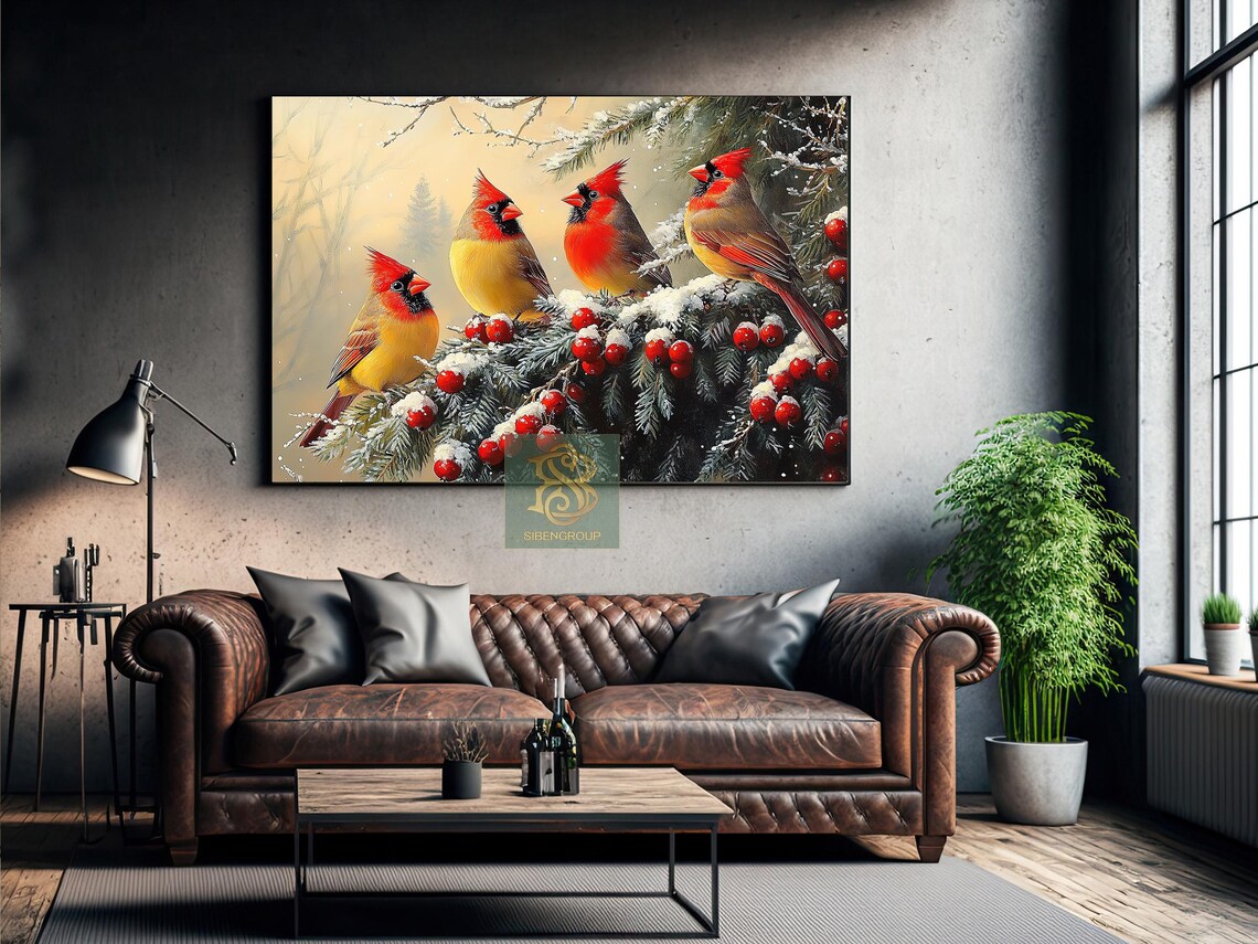 Four Red Cardinals Perched On Snowy Pine Branch With Red Berries Print - Image 2
