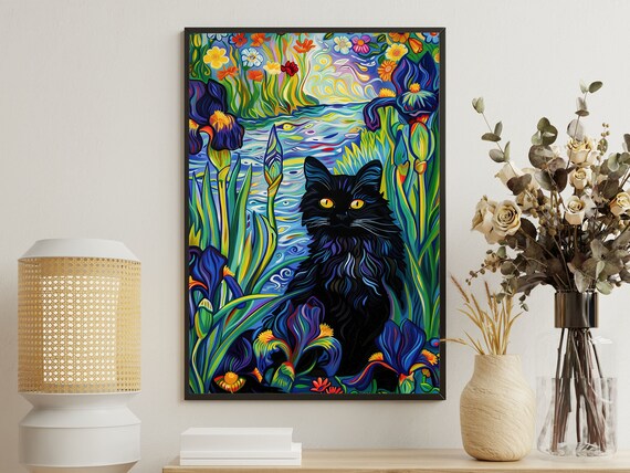 Black Cat Among Irises Colorful Van Gogh Style Flower Garden Art Poster