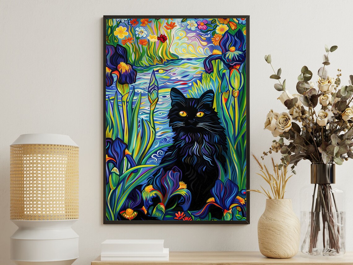 Black Cat Among Irises Colorful Van Gogh Style Flower Garden Art Poster