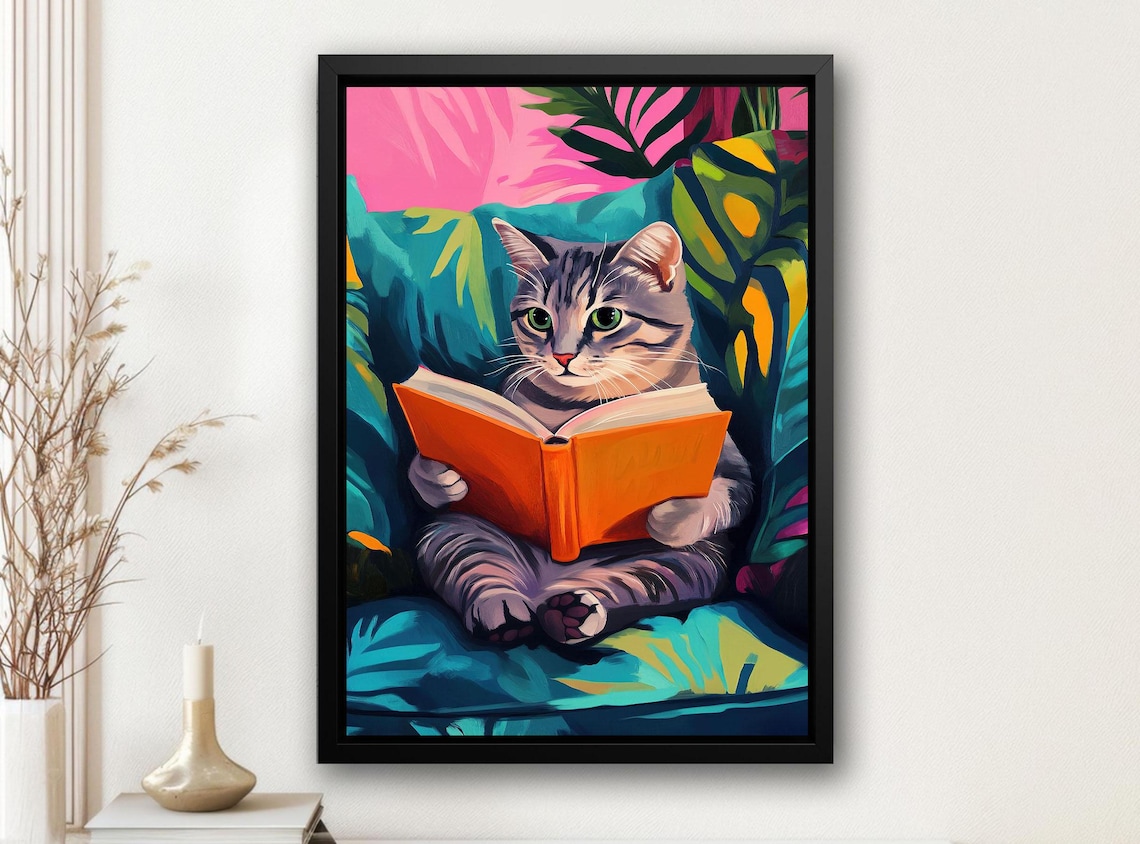 Matisse-Inspired Cat Reading, Tropical Cat Print