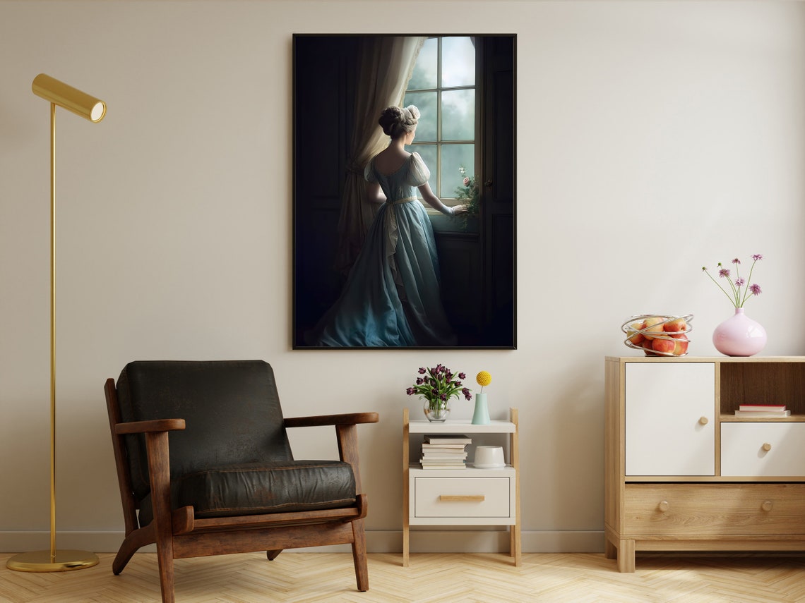 Victorian Lady Blue Gown Standing at Window Moody Classic Art Poster - Image 2