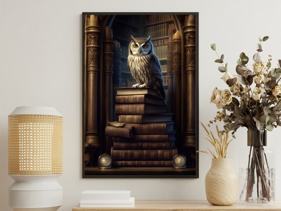 Vintage Owl Painting Retro Owl Art Print Owl Print Gothic Art Print Dark Academia Art Owl Poster Print Owl Library Wall Decor