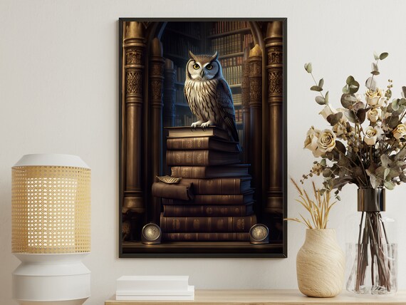 Wise Owl Perched Stack Antique Books Grand Library Dark Academia Poster