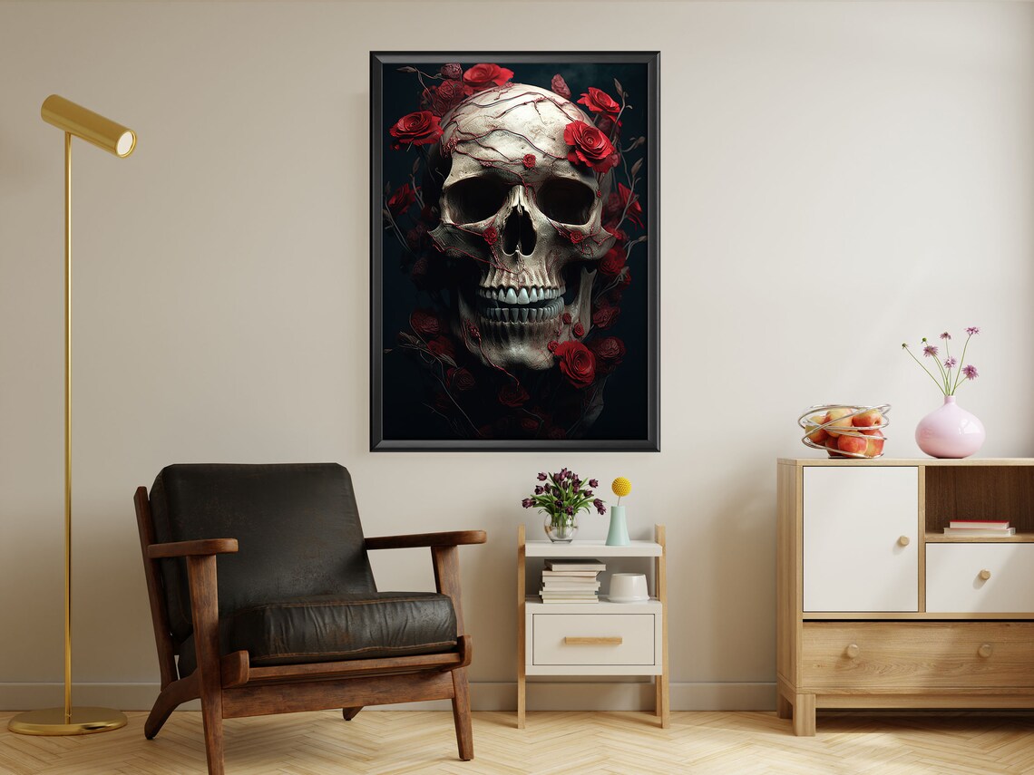 Human Skull Entwined With Red Roses Dark Floral Gothic Vintage Memento Poster - Image 3