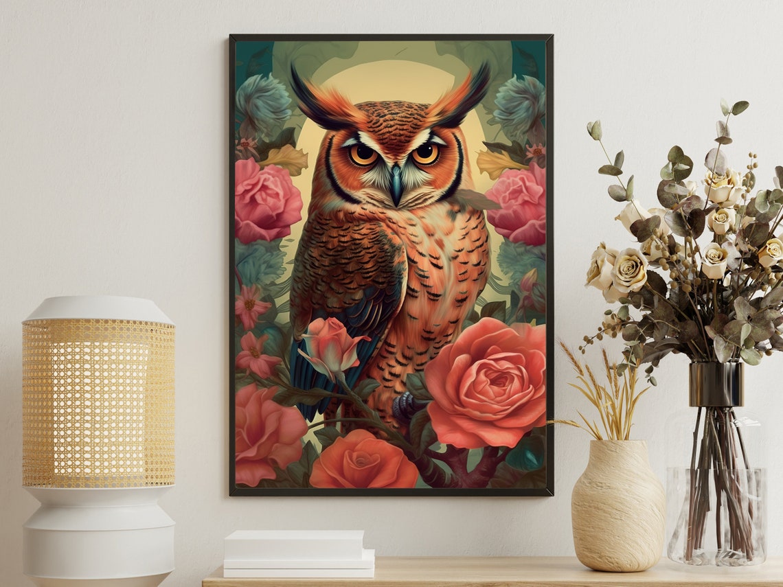 Vintage Floral Owl Painting Retro Owl Art Print Owl Print Bird Art Print Floral Animal Poster Print Wild Animal Art Print