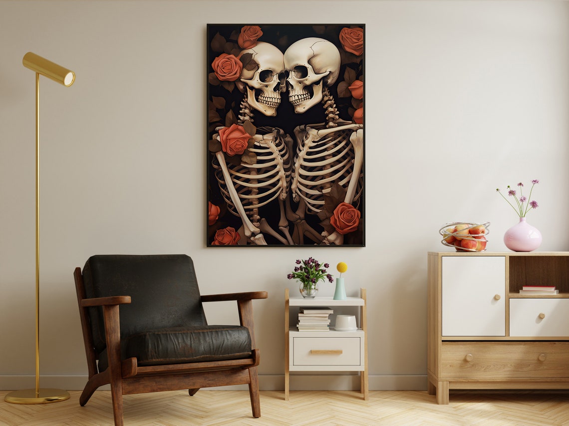 Skeleton Couple Embracing Among Deep Red Roses Gothic Art Print - Image 2