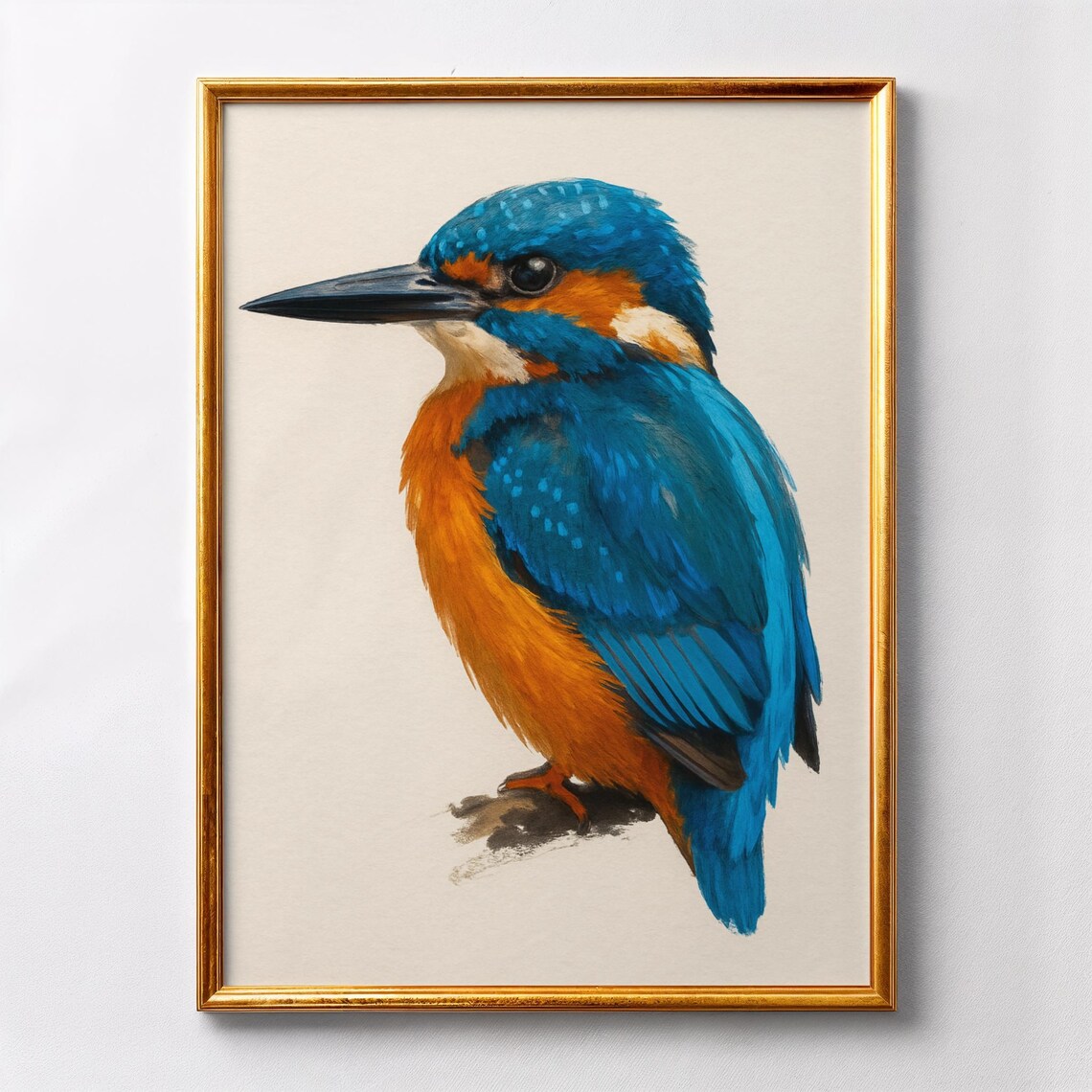 Kingfisher Bird Portrait Vibrant Blue Orange Watercolor Art Print