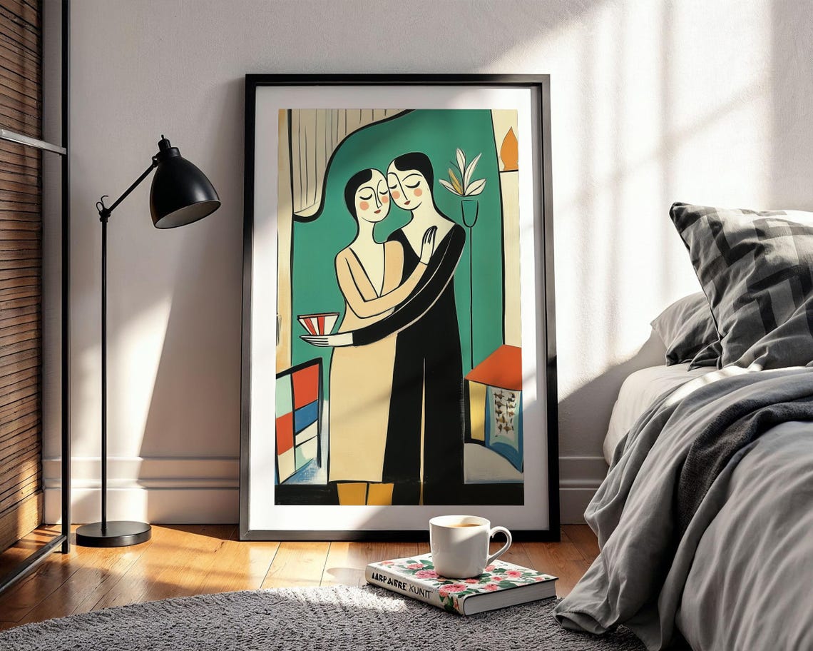 Abstract Embracing Couple On Emerald Green Modern Love Poster - Image 2
