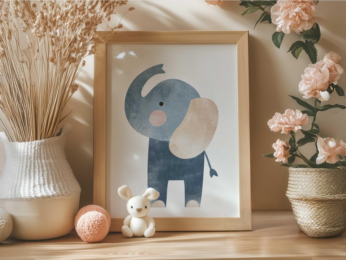 Blue Baby Elephant With Trunk Raised Minimalist Nursery Poster - Image 5