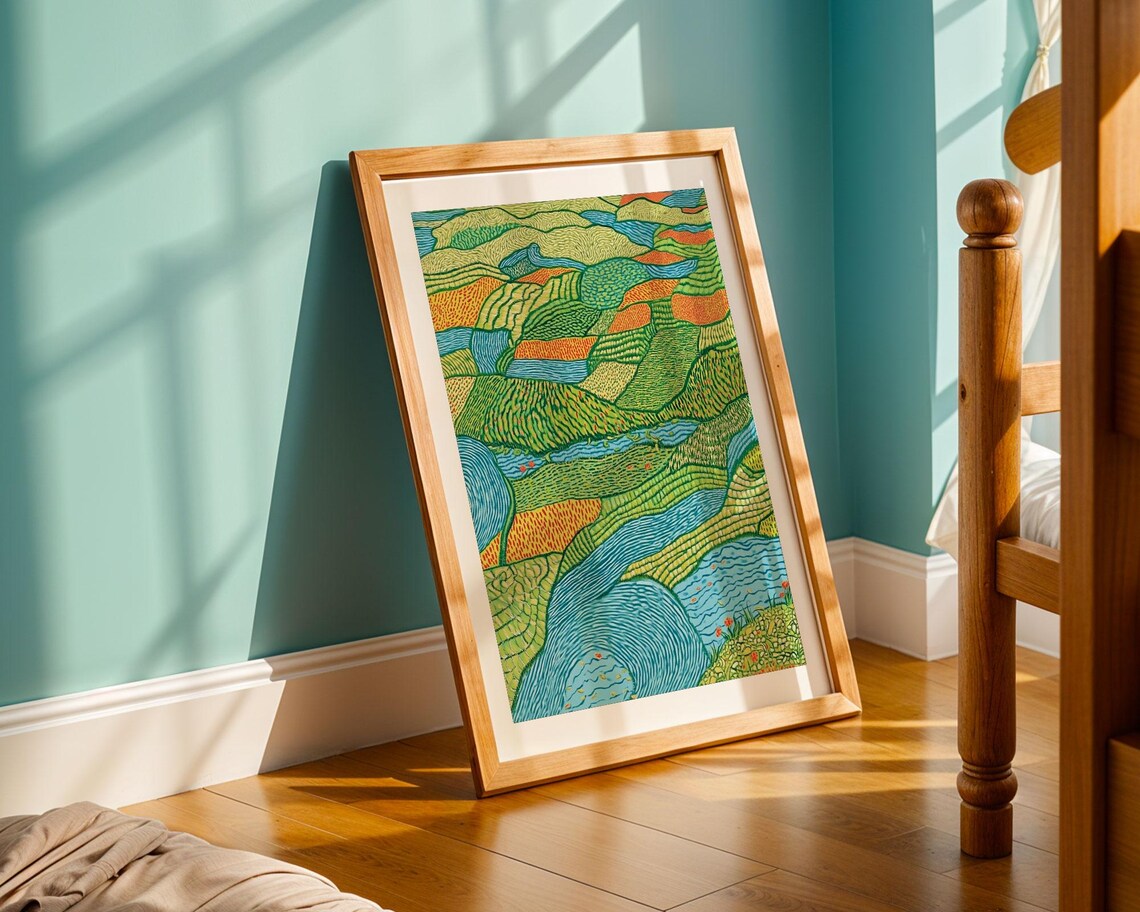 Abstract Green Blue And Orange Winding River Valley Nature Poster - Image 5