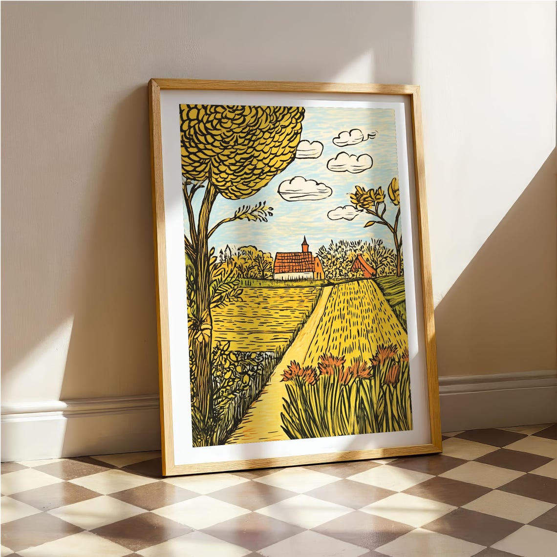 Van Gogh Style Farmhouse Path Through Golden Countryside Poster