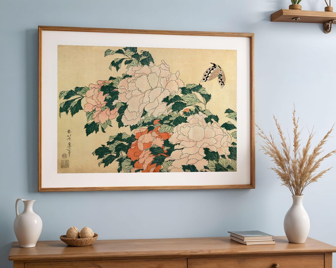 Katsushika Hokusai Peonies And Butterfly, Ukiyo-E Art Print - Image 4