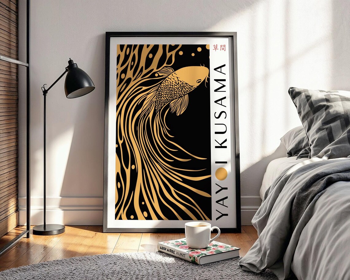 Golden Koi Fish With Long Flowing Fins Black And Gold Poster - Image 2