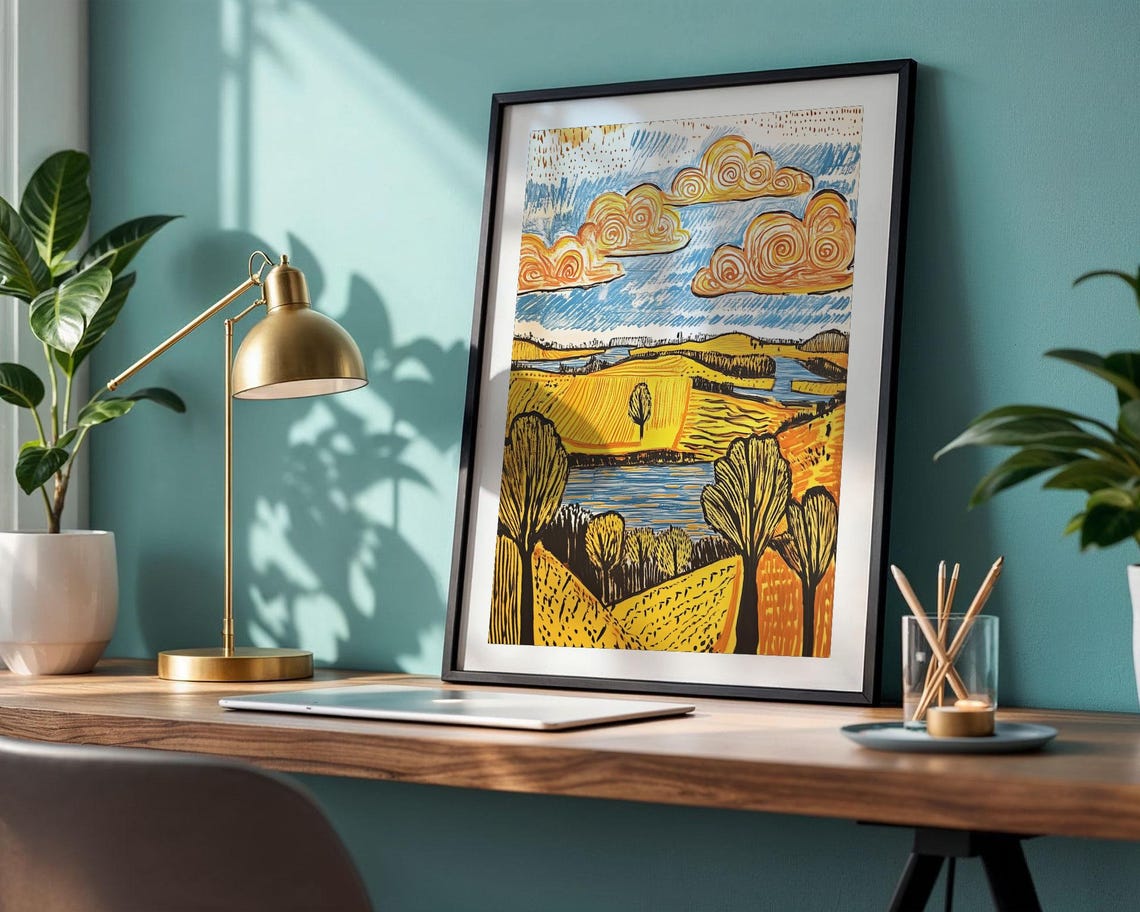 Golden Wheat Fields Blue River Swirling Clouds Landscape Poster - Image 4